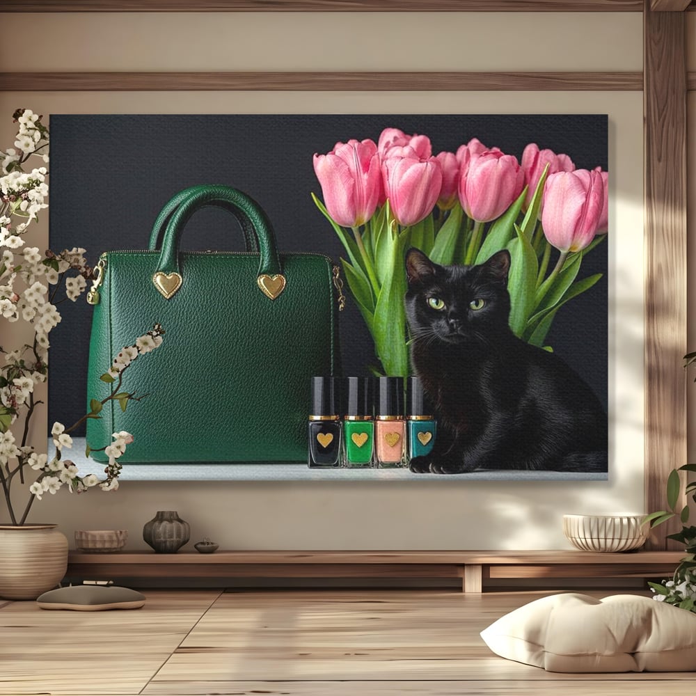 Tablou Canvas Premium, LuxCanva® M1205, Felina in Vitrina, Pisica, Poseta, Flori, Lalele, Buchet, Felina, Lux, Fashion, Beauty, Feminin, Accesorii, Glam, Birou, Living, Camera Copil