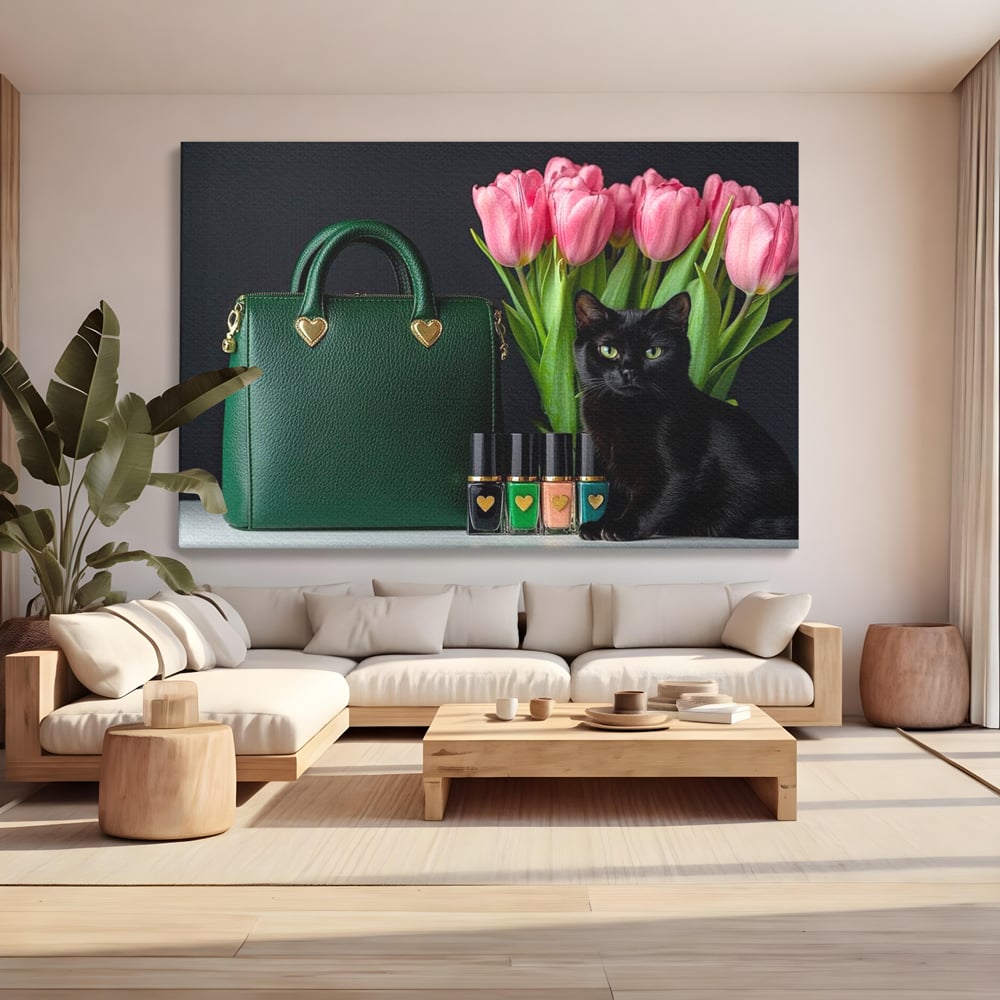 Tablou Canvas Premium, LuxCanva® M1205, Felina in Vitrina, Pisica, Poseta, Flori, Lalele, Buchet, Felina, Lux, Fashion, Beauty, Feminin, Accesorii, Glam, Birou, Living, Camera Copil