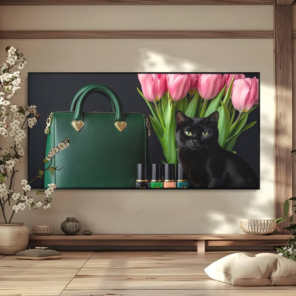 Tablou Canvas Premium, LuxCanva® M1205, Felina in Vitrina, Pisica, Poseta, Flori, Lalele, Buchet, Felina, Lux, Fashion, Beauty, Feminin, Accesorii, Glam, Birou, Living, Camera Copil
