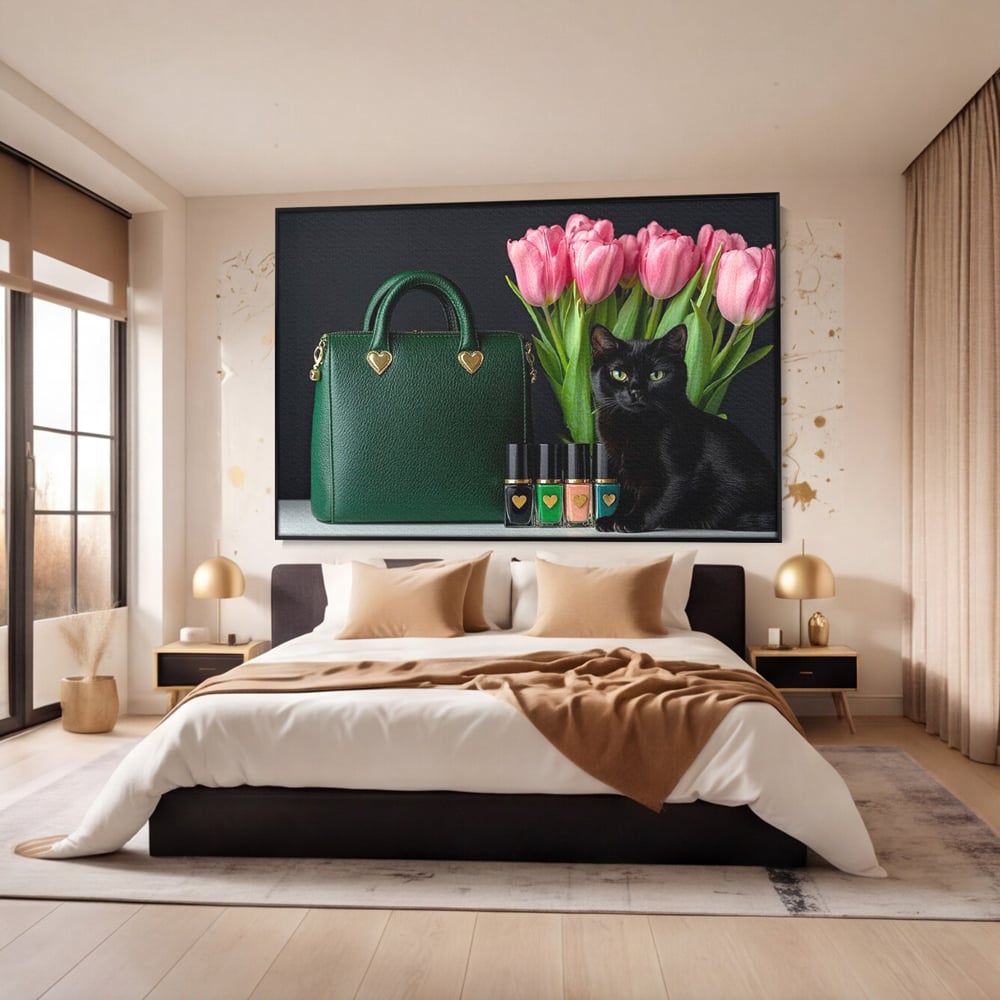 Tablou Canvas Premium, LuxCanva® M1205, Felina in Vitrina, Pisica, Poseta, Flori, Lalele, Buchet, Felina, Lux, Fashion, Beauty, Feminin, Accesorii, Glam, Birou, Living, Camera Copil