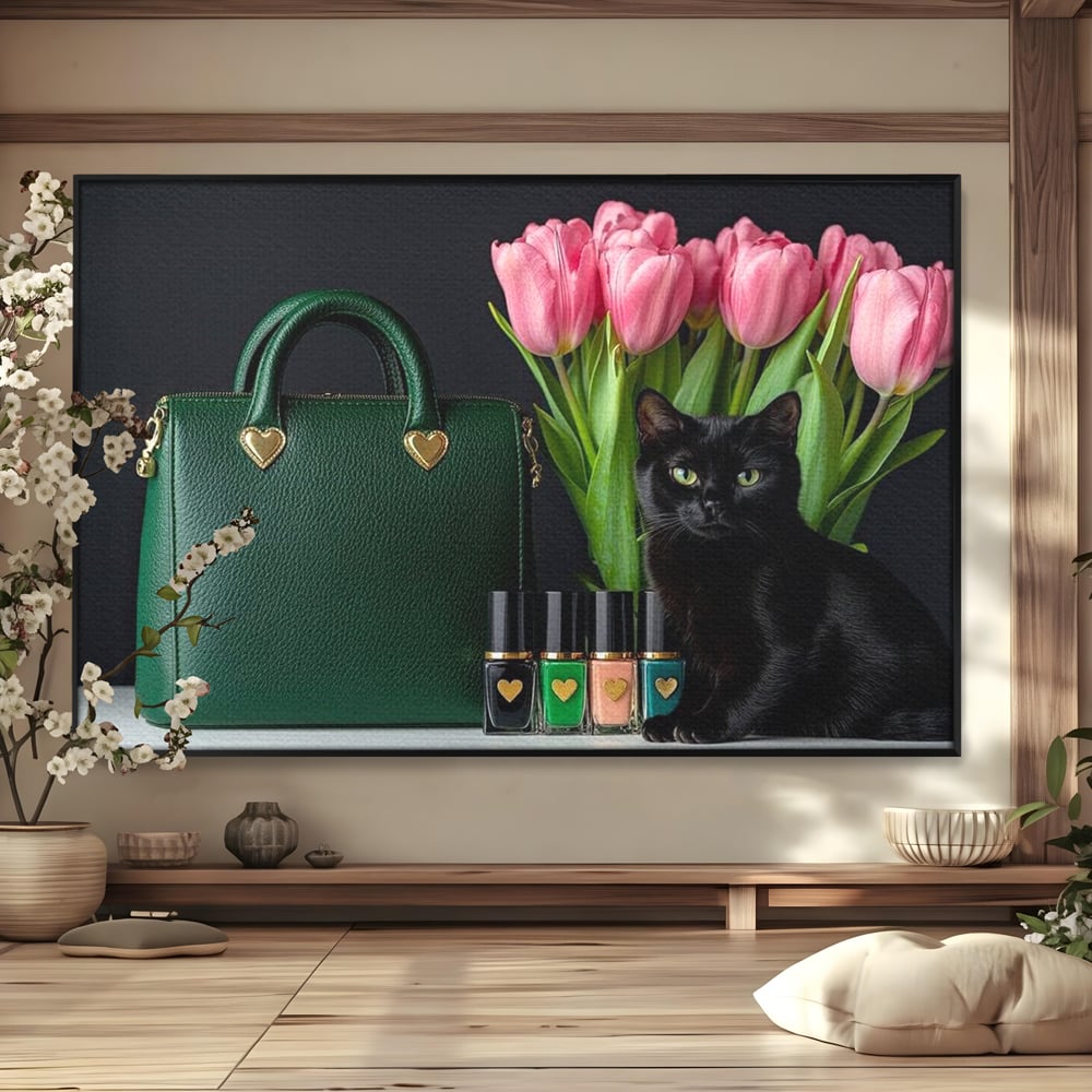 Tablou Canvas Premium, LuxCanva® M1205, Felina in Vitrina, Pisica, Poseta, Flori, Lalele, Buchet, Felina, Lux, Fashion, Beauty, Feminin, Accesorii, Glam, Birou, Living, Camera Copil