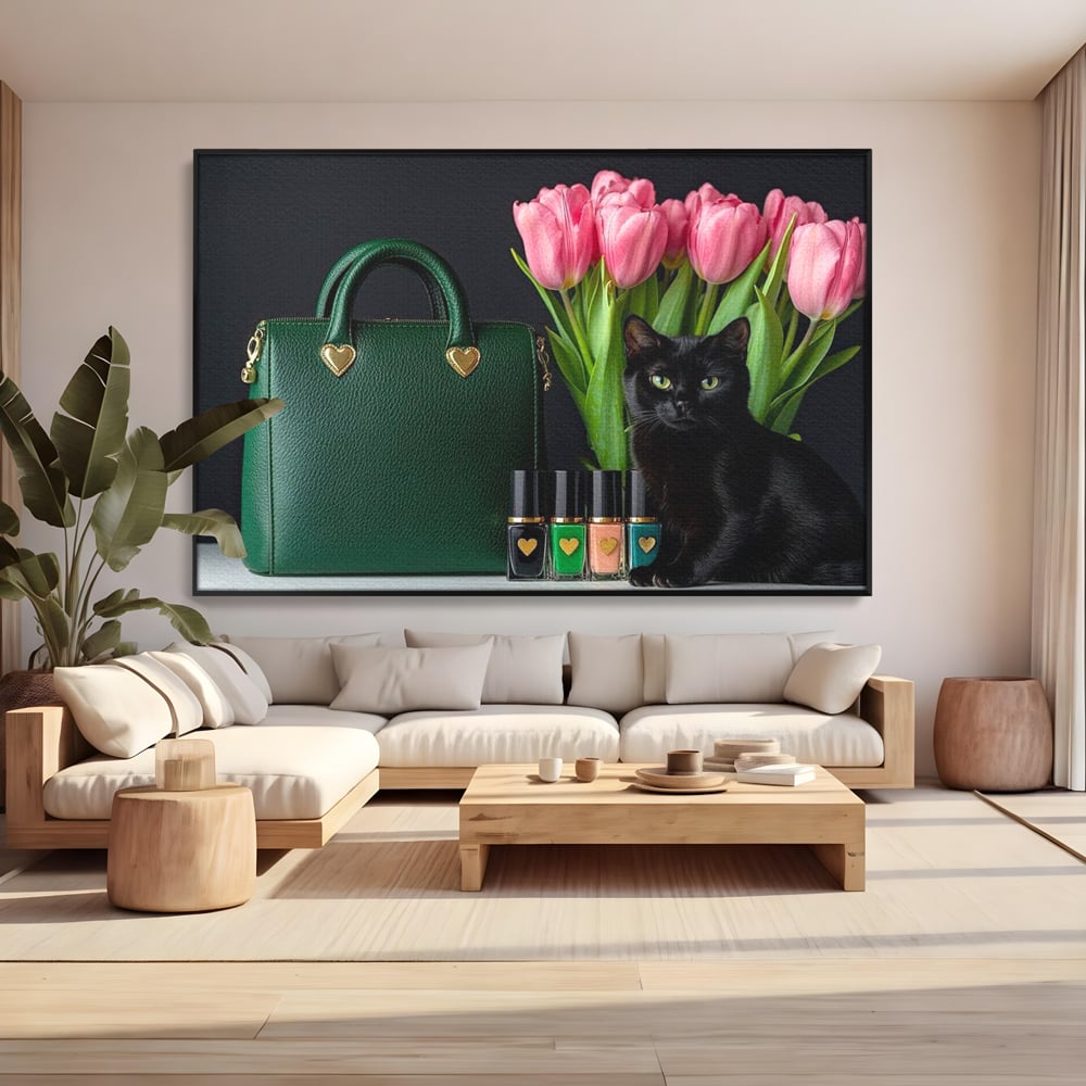 Tablou Canvas Premium, LuxCanva® M1205, Felina in Vitrina, Pisica, Poseta, Flori, Lalele, Buchet, Felina, Lux, Fashion, Beauty, Feminin, Accesorii, Glam, Birou, Living, Camera Copil