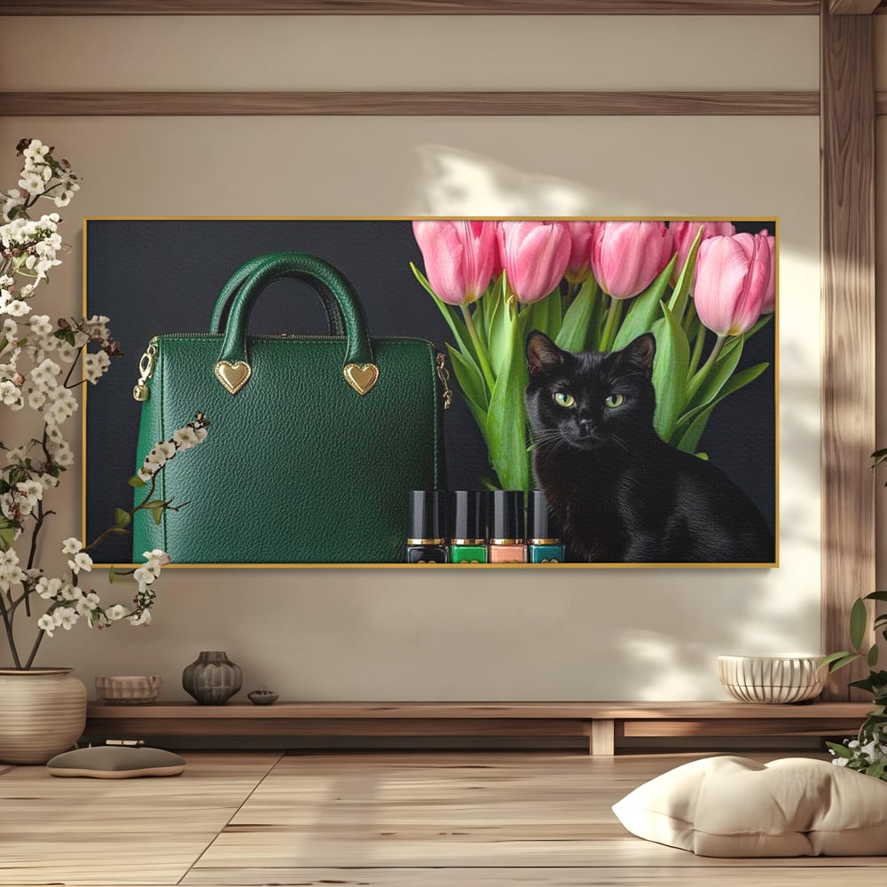Tablou Canvas Premium, LuxCanva® M1205, Felina in Vitrina, Pisica, Poseta, Flori, Lalele, Buchet, Felina, Lux, Fashion, Beauty, Feminin, Accesorii, Glam, Birou, Living, Camera Copil