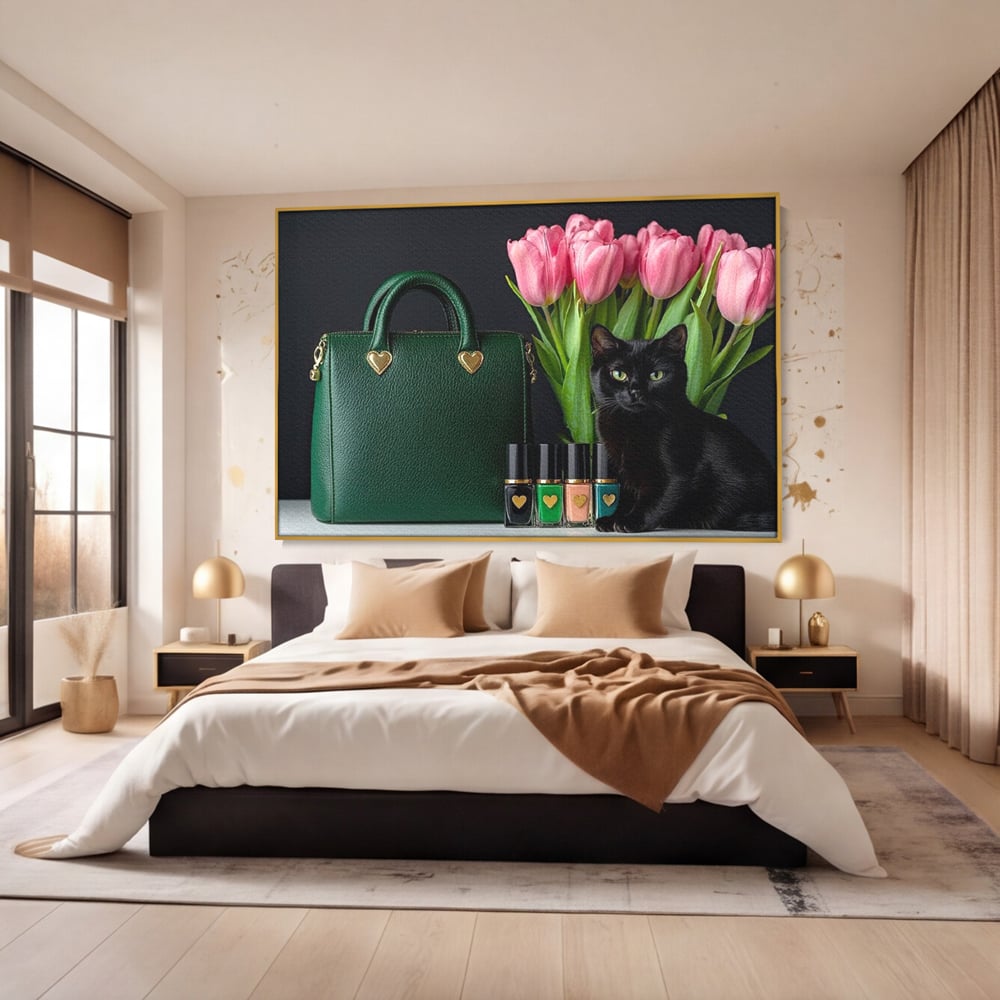 Tablou Canvas Premium, LuxCanva® M1205, Felina in Vitrina, Pisica, Poseta, Flori, Lalele, Buchet, Felina, Lux, Fashion, Beauty, Feminin, Accesorii, Glam, Birou, Living, Camera Copil