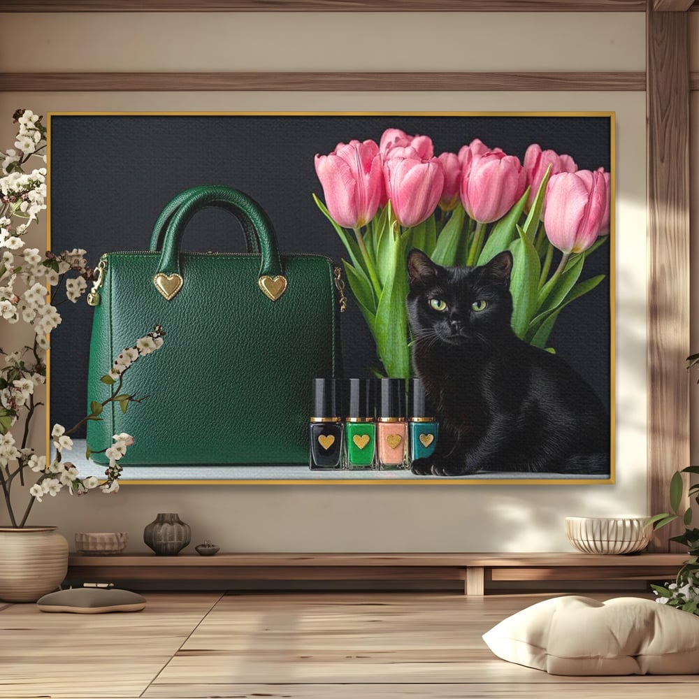 Tablou Canvas Premium, LuxCanva® M1205, Felina in Vitrina, Pisica, Poseta, Flori, Lalele, Buchet, Felina, Lux, Fashion, Beauty, Feminin, Accesorii, Glam, Birou, Living, Camera Copil