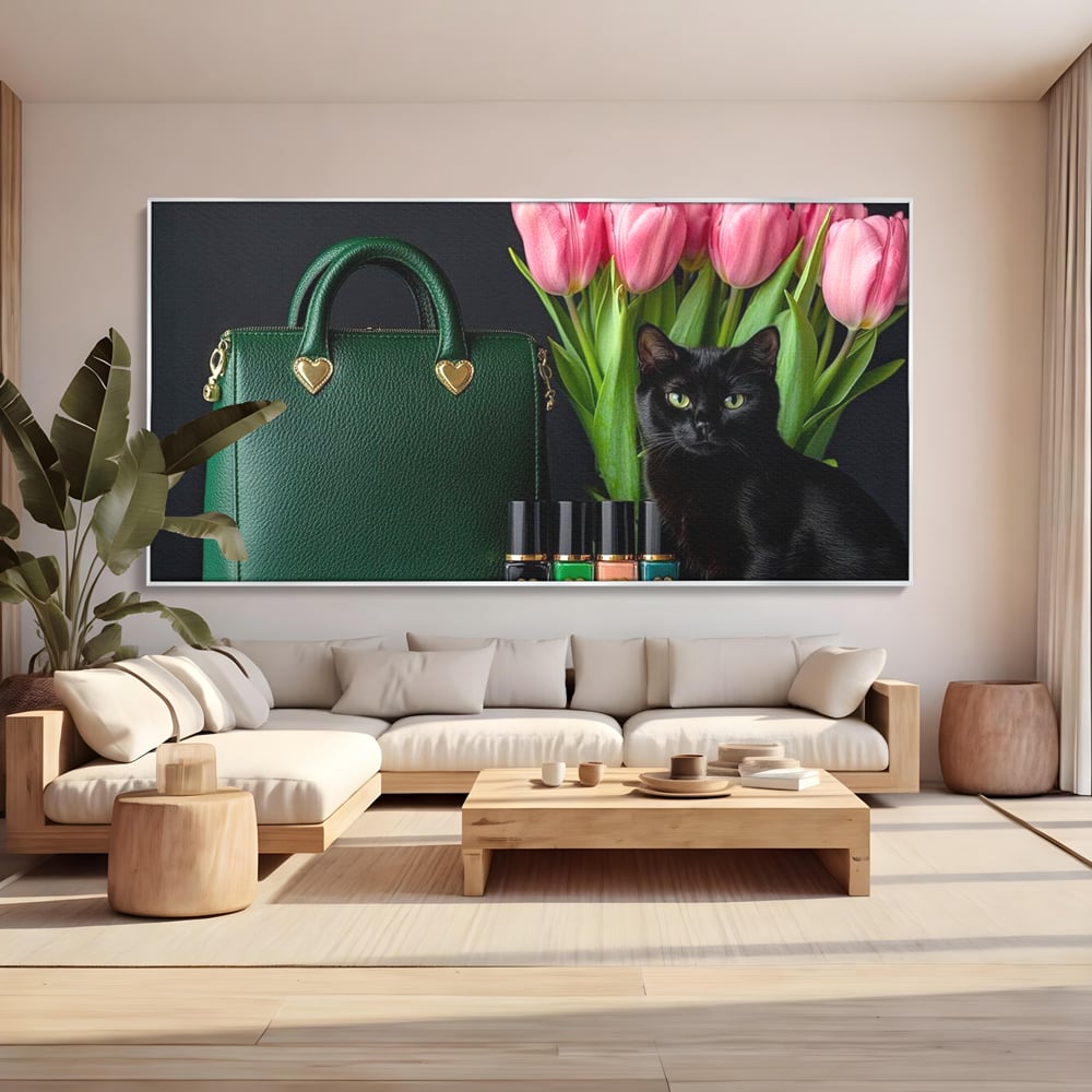 Tablou Canvas Premium, LuxCanva® M1205, Felina in Vitrina, Pisica, Poseta, Flori, Lalele, Buchet, Felina, Lux, Fashion, Beauty, Feminin, Accesorii, Glam, Birou, Living, Camera Copil