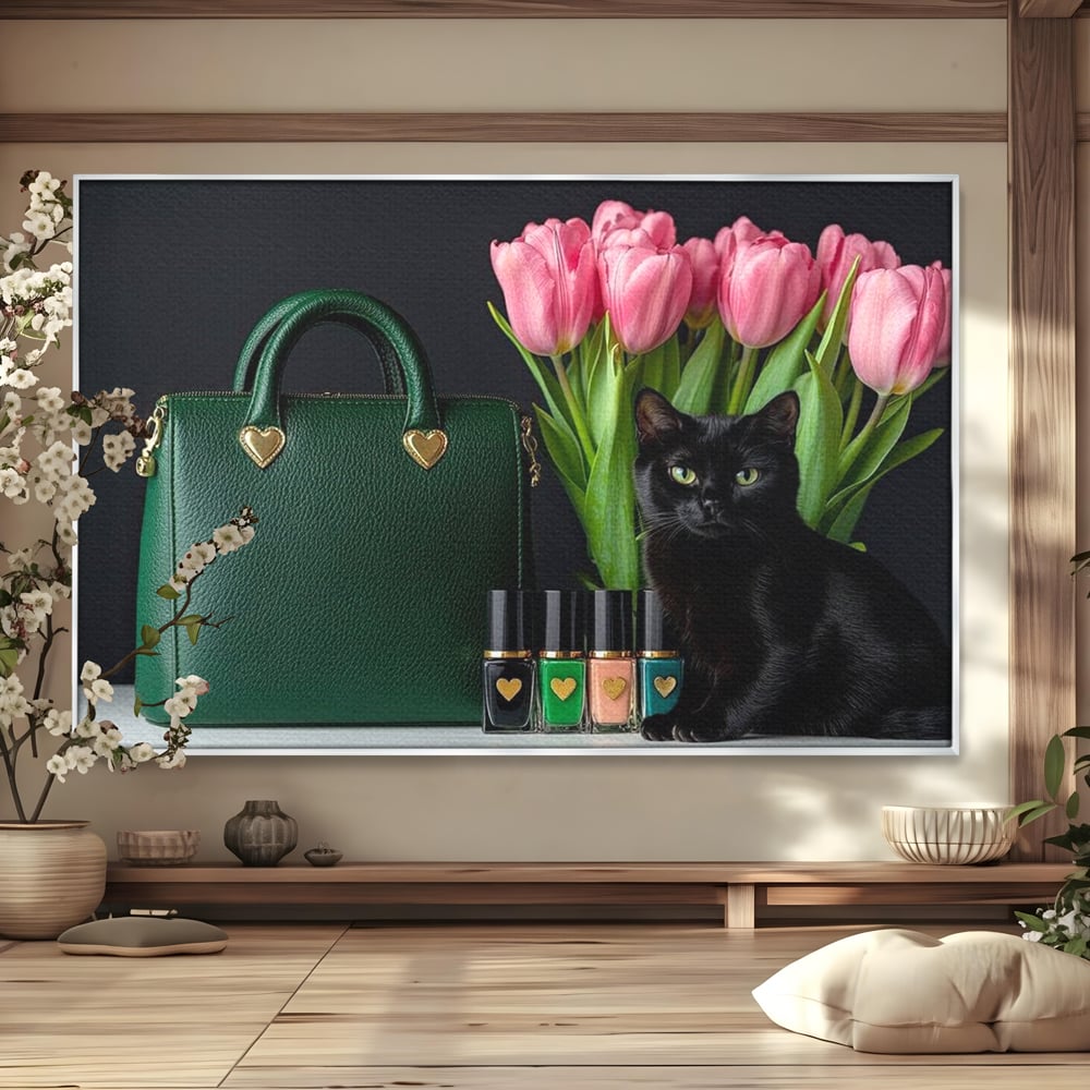 Tablou Canvas Premium, LuxCanva® M1205, Felina in Vitrina, Pisica, Poseta, Flori, Lalele, Buchet, Felina, Lux, Fashion, Beauty, Feminin, Accesorii, Glam, Birou, Living, Camera Copil
