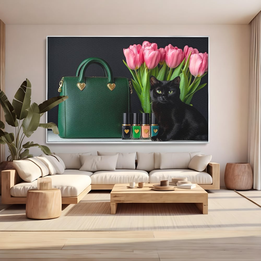 Tablou Canvas Premium, LuxCanva® M1205, Felina in Vitrina, Pisica, Poseta, Flori, Lalele, Buchet, Felina, Lux, Fashion, Beauty, Feminin, Accesorii, Glam, Birou, Living, Camera Copil