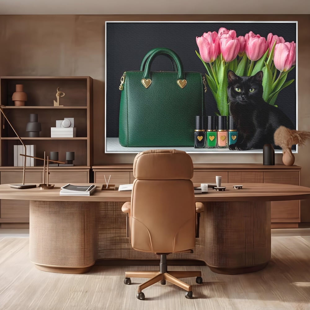 Tablou Canvas Premium, LuxCanva® M1205, Felina in Vitrina, Pisica, Poseta, Flori, Lalele, Buchet, Felina, Lux, Fashion, Beauty, Feminin, Accesorii, Glam, Birou, Living, Camera Copil