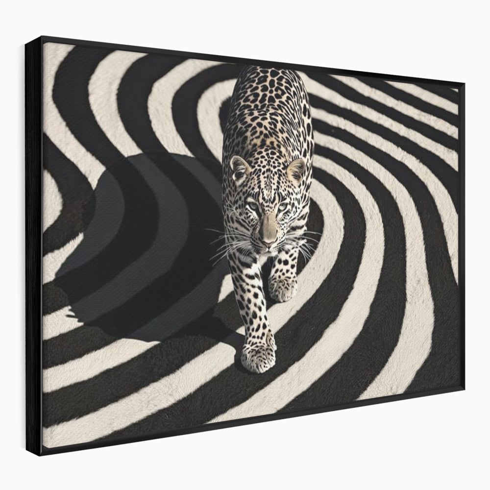 Tablou Canvas Premium, LuxCanva® M1207, Valuri de Putere, Leopard, Spirala, Hipnotic, Alb si Negru, Abstract, Design, Miscare, Felina, Animale, Birou, Living, Camera Copil