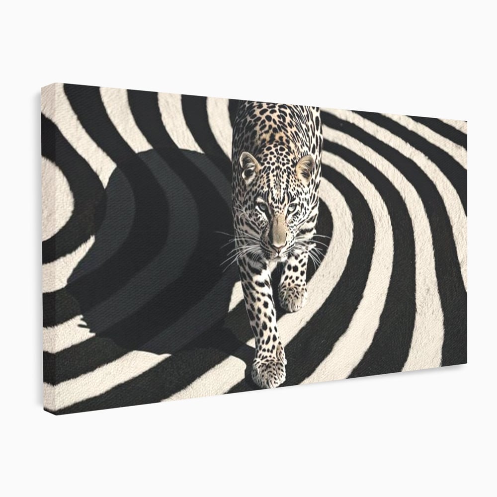 Tablou Canvas Premium, LuxCanva® M1207, Valuri de Putere, Leopard, Spirala, Hipnotic, Alb si Negru, Abstract, Design, Miscare, Felina, Animale, Birou, Living, Camera Copil