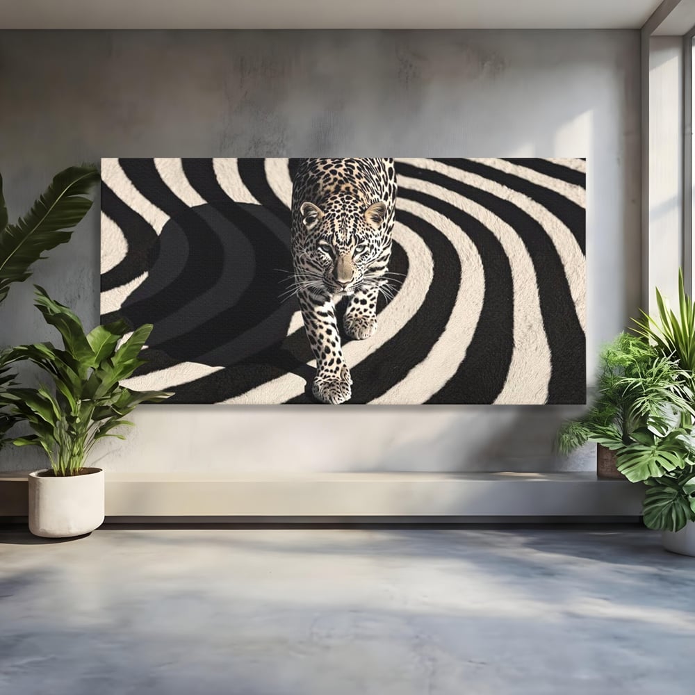Tablou Canvas Premium, LuxCanva® M1207, Valuri de Putere, Leopard, Spirala, Hipnotic, Alb si Negru, Abstract, Design, Miscare, Felina, Animale, Birou, Living, Camera Copil