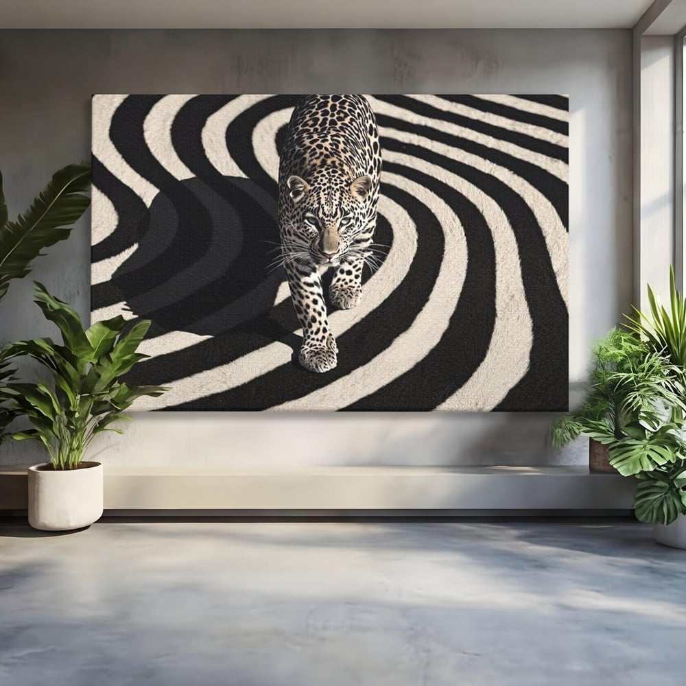 Tablou Canvas Premium, LuxCanva® M1207, Valuri de Putere, Leopard, Spirala, Hipnotic, Alb si Negru, Abstract, Design, Miscare, Felina, Animale, Birou, Living, Camera Copil