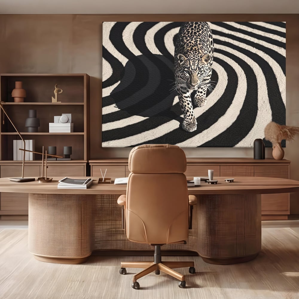 Tablou Canvas Premium, LuxCanva® M1207, Valuri de Putere, Leopard, Spirala, Hipnotic, Alb si Negru, Abstract, Design, Miscare, Felina, Animale, Birou, Living, Camera Copil