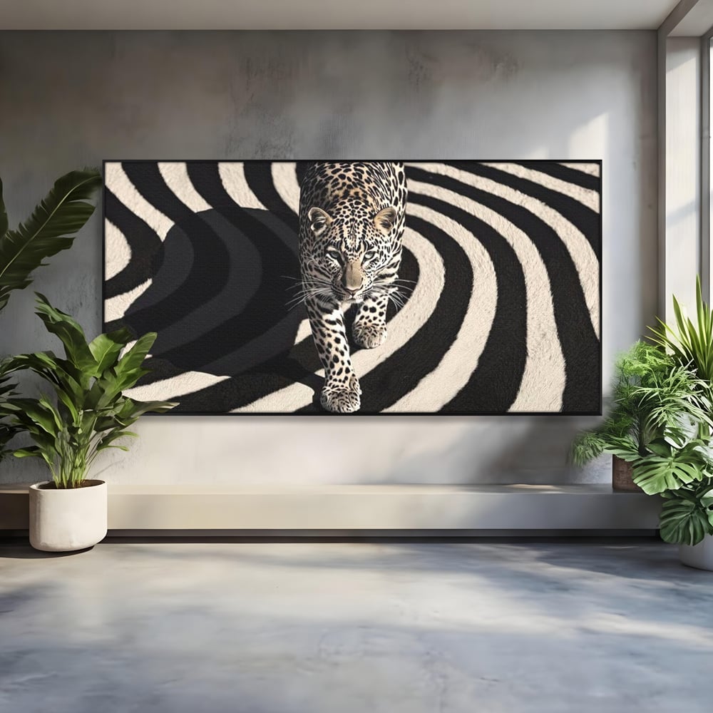 Tablou Canvas Premium, LuxCanva® M1207, Valuri de Putere, Leopard, Spirala, Hipnotic, Alb si Negru, Abstract, Design, Miscare, Felina, Animale, Birou, Living, Camera Copil