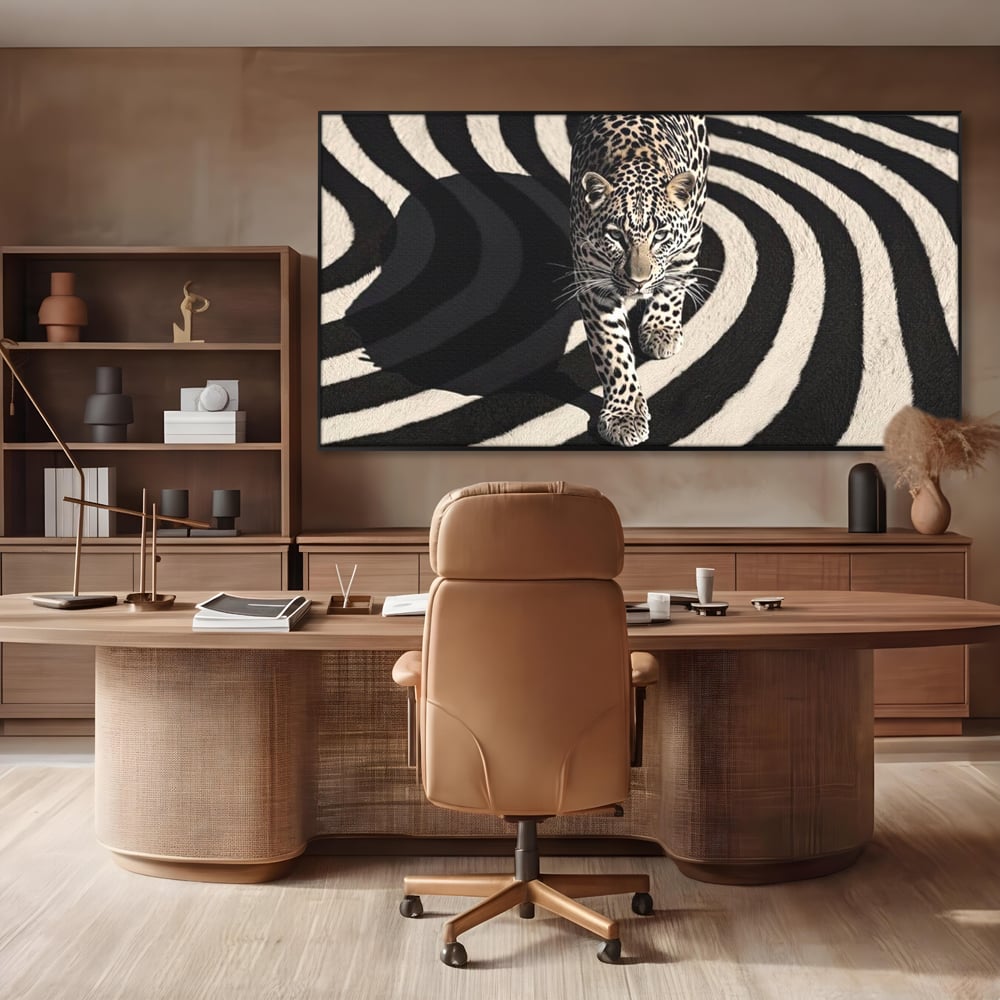 Tablou Canvas Premium, LuxCanva® M1207, Valuri de Putere, Leopard, Spirala, Hipnotic, Alb si Negru, Abstract, Design, Miscare, Felina, Animale, Birou, Living, Camera Copil