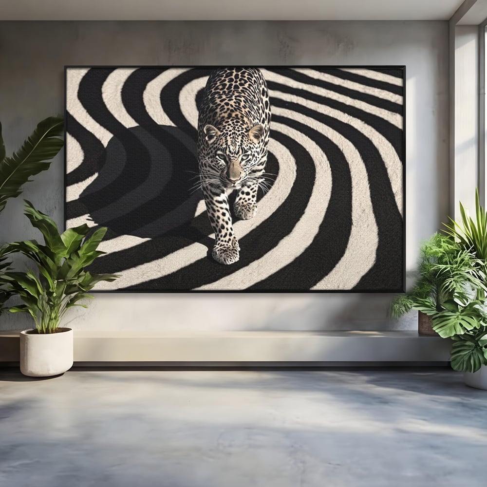 Tablou Canvas Premium, LuxCanva® M1207, Valuri de Putere, Leopard, Spirala, Hipnotic, Alb si Negru, Abstract, Design, Miscare, Felina, Animale, Birou, Living, Camera Copil