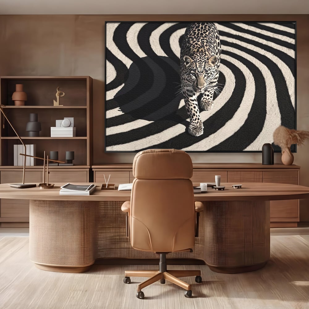 Tablou Canvas Premium, LuxCanva® M1207, Valuri de Putere, Leopard, Spirala, Hipnotic, Alb si Negru, Abstract, Design, Miscare, Felina, Animale, Birou, Living, Camera Copil