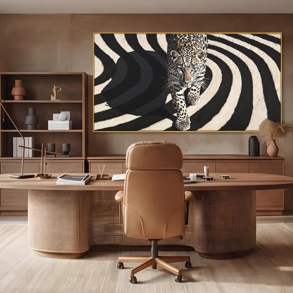 Tablou Canvas Premium, LuxCanva® M1207, Valuri de Putere, Leopard, Spirala, Hipnotic, Alb si Negru, Abstract, Design, Miscare, Felina, Animale, Birou, Living, Camera Copil