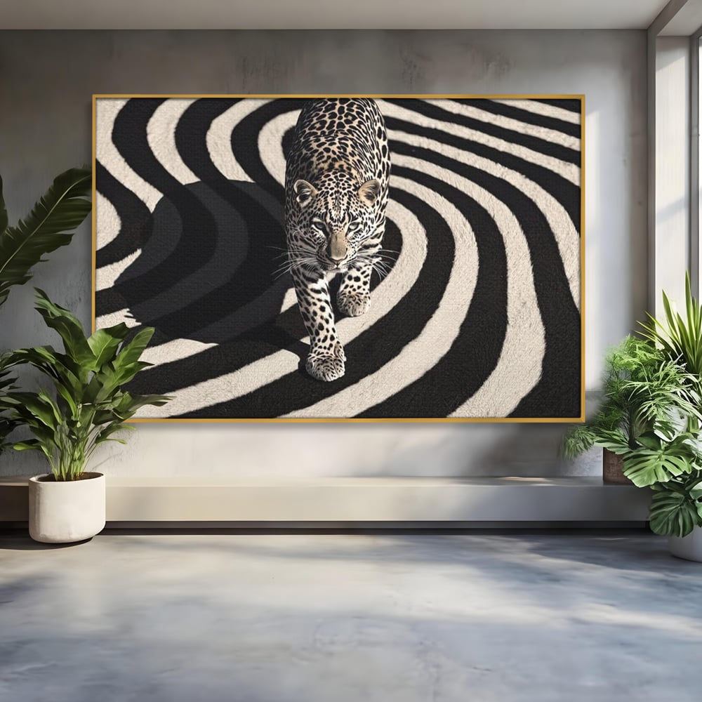 Tablou Canvas Premium, LuxCanva® M1207, Valuri de Putere, Leopard, Spirala, Hipnotic, Alb si Negru, Abstract, Design, Miscare, Felina, Animale, Birou, Living, Camera Copil