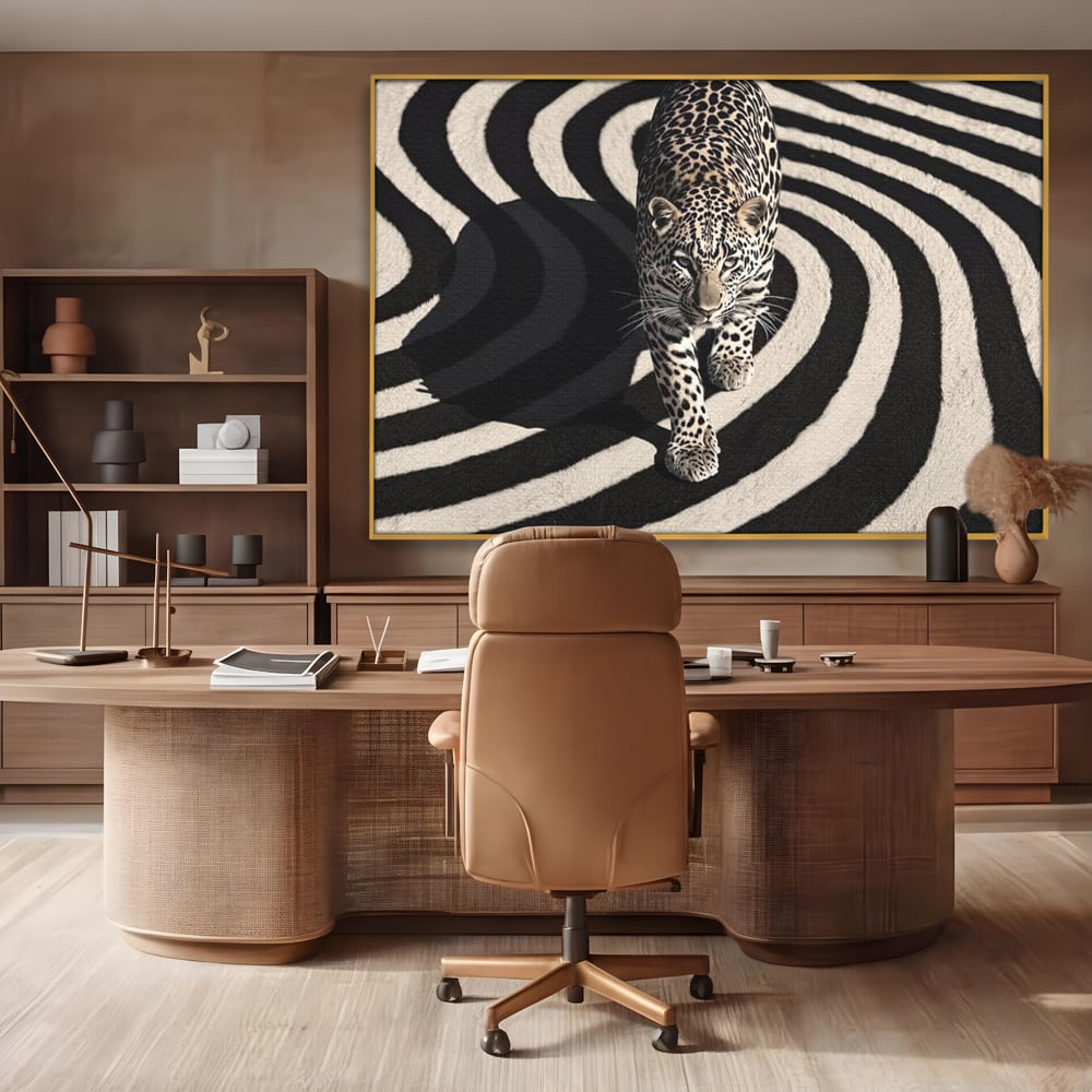 Tablou Canvas Premium, LuxCanva® M1207, Valuri de Putere, Leopard, Spirala, Hipnotic, Alb si Negru, Abstract, Design, Miscare, Felina, Animale, Birou, Living, Camera Copil