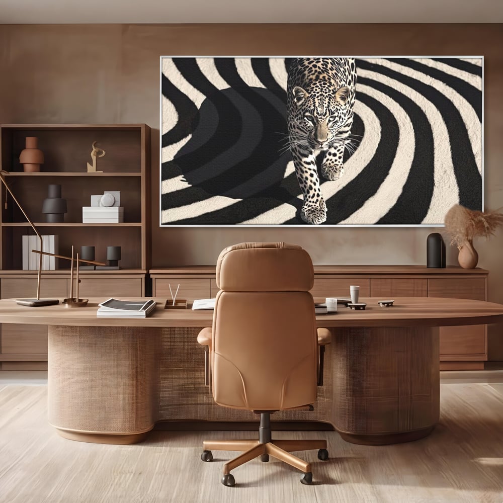 Tablou Canvas Premium, LuxCanva® M1207, Valuri de Putere, Leopard, Spirala, Hipnotic, Alb si Negru, Abstract, Design, Miscare, Felina, Animale, Birou, Living, Camera Copil