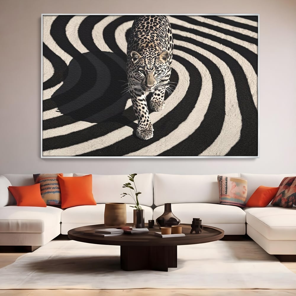 Tablou Canvas Premium, LuxCanva® M1207, Valuri de Putere, Leopard, Spirala, Hipnotic, Alb si Negru, Abstract, Design, Miscare, Felina, Animale, Birou, Living, Camera Copil