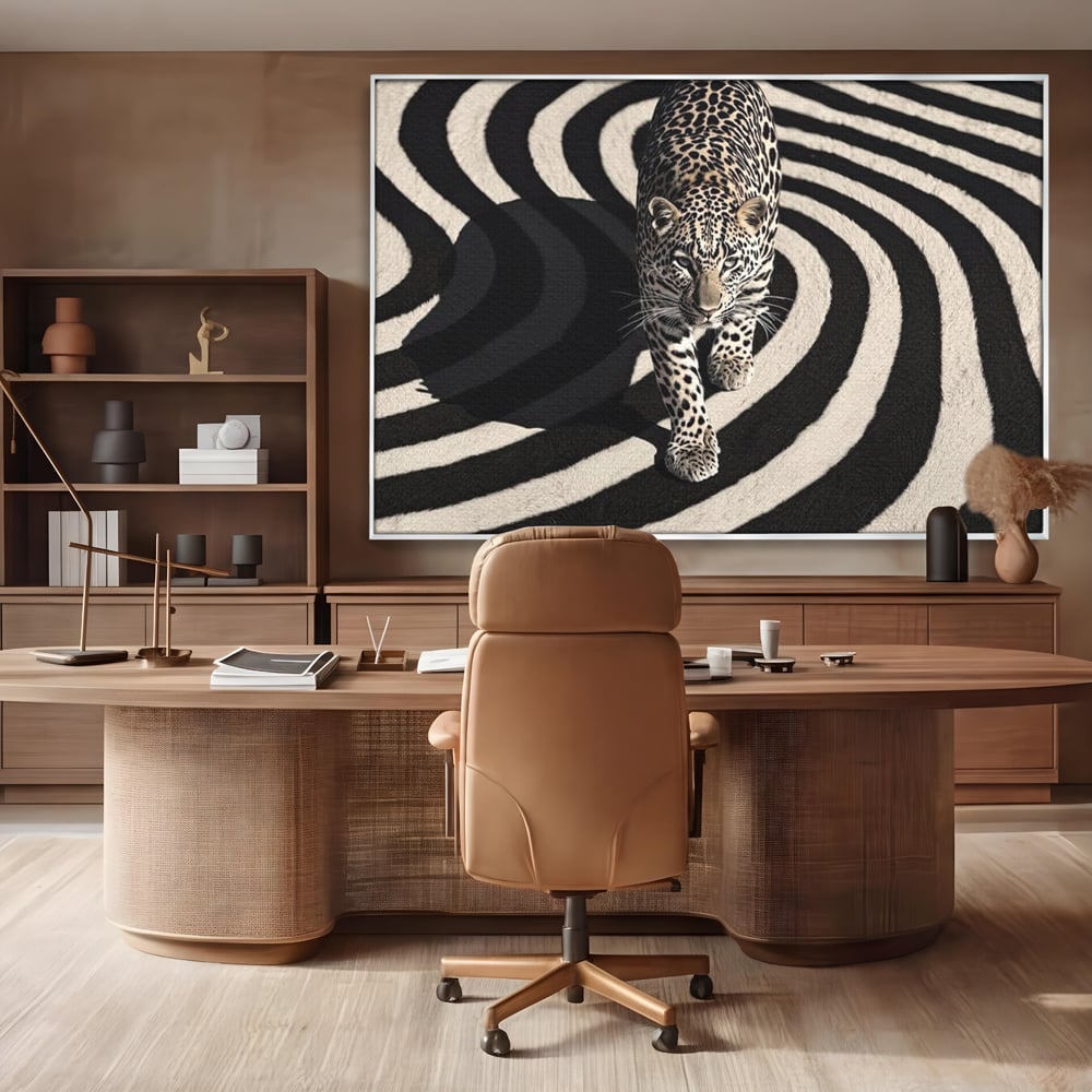 Tablou Canvas Premium, LuxCanva® M1207, Valuri de Putere, Leopard, Spirala, Hipnotic, Alb si Negru, Abstract, Design, Miscare, Felina, Animale, Birou, Living, Camera Copil