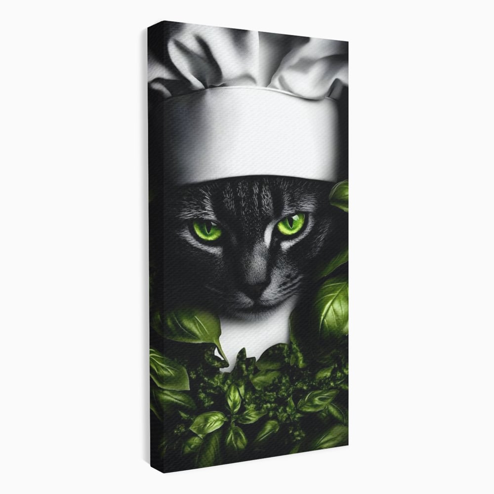 Tablou Canvas Premium, LuxCanva® M1208, Pisica Gourmet, Pisica, Bucatar, Plante, Felina, Frunze, Aroma, Bucatarie, Gastronomie, Restaurant, Vegetal, Birou, Living, Camera Copil