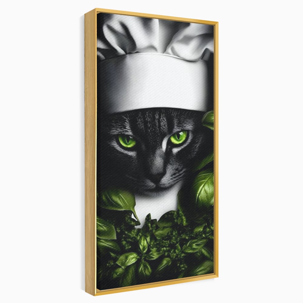Tablou Canvas Premium, LuxCanva® M1208, Pisica Gourmet, Pisica, Bucatar, Plante, Felina, Frunze, Aroma, Bucatarie, Gastronomie, Restaurant, Vegetal, Birou, Living, Camera Copil