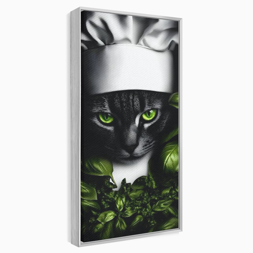 Tablou Canvas Premium, LuxCanva® M1208, Pisica Gourmet, Pisica, Bucatar, Plante, Felina, Frunze, Aroma, Bucatarie, Gastronomie, Restaurant, Vegetal, Birou, Living, Camera Copil