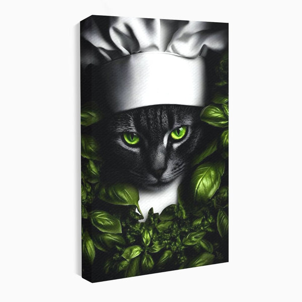 Tablou Canvas Premium, LuxCanva® M1208, Pisica Gourmet, Pisica, Bucatar, Plante, Felina, Frunze, Aroma, Bucatarie, Gastronomie, Restaurant, Vegetal, Birou, Living, Camera Copil
