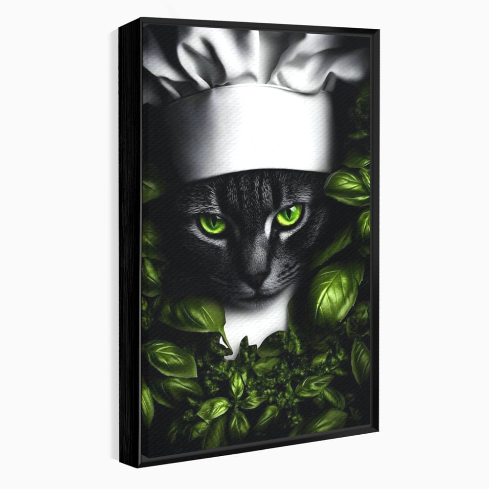 Tablou Canvas Premium, LuxCanva® M1208, Pisica Gourmet, Pisica, Bucatar, Plante, Felina, Frunze, Aroma, Bucatarie, Gastronomie, Restaurant, Vegetal, Birou, Living, Camera Copil