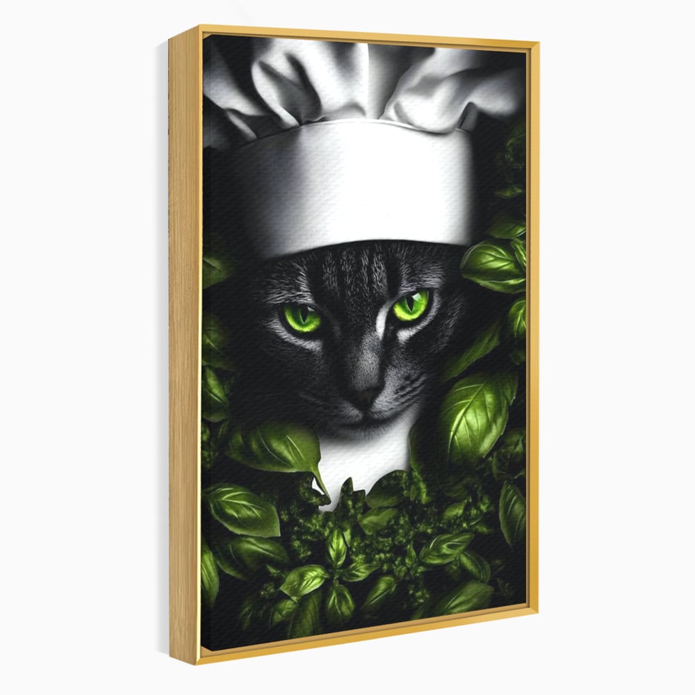 Tablou Canvas Premium, LuxCanva® M1208, Pisica Gourmet, Pisica, Bucatar, Plante, Felina, Frunze, Aroma, Bucatarie, Gastronomie, Restaurant, Vegetal, Birou, Living, Camera Copil