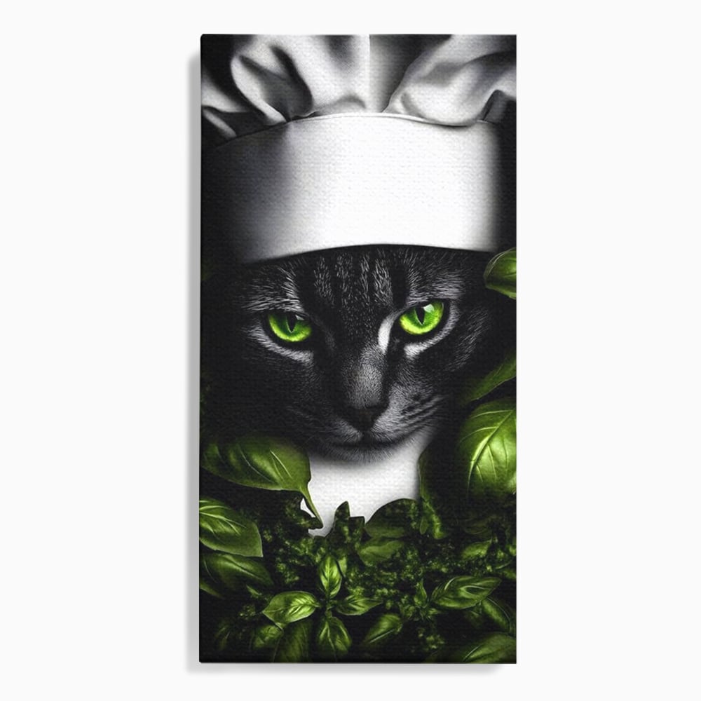 Tablou Canvas Premium, LuxCanva® M1208, Pisica Gourmet, Pisica, Bucatar, Plante, Felina, Frunze, Aroma, Bucatarie, Gastronomie, Restaurant, Vegetal, Birou, Living, Camera Copil