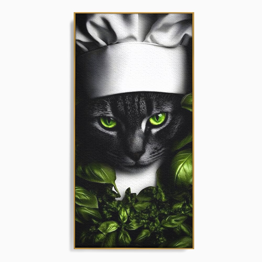 Tablou Canvas Premium, LuxCanva® M1208, Pisica Gourmet, Pisica, Bucatar, Plante, Felina, Frunze, Aroma, Bucatarie, Gastronomie, Restaurant, Vegetal, Birou, Living, Camera Copil