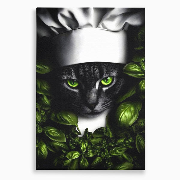 Tablou Canvas Premium, LuxCanva® M1208, Pisica Gourmet, Pisica, Bucatar, Plante, Felina, Frunze, Aroma, Bucatarie, Gastronomie, Restaurant, Vegetal, Birou, Living, Camera Copil
