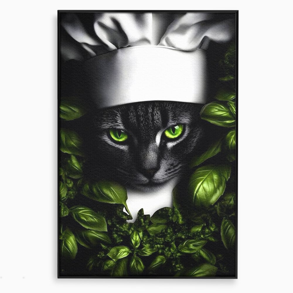 Tablou Canvas Premium, LuxCanva® M1208, Pisica Gourmet, Pisica, Bucatar, Plante, Felina, Frunze, Aroma, Bucatarie, Gastronomie, Restaurant, Vegetal, Birou, Living, Camera Copil