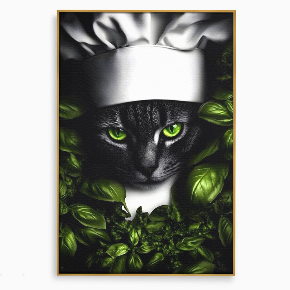 Tablou Canvas Premium, LuxCanva® M1208, Pisica Gourmet, Pisica, Bucatar, Plante, Felina, Frunze, Aroma, Bucatarie, Gastronomie, Restaurant, Vegetal, Birou, Living, Camera Copil