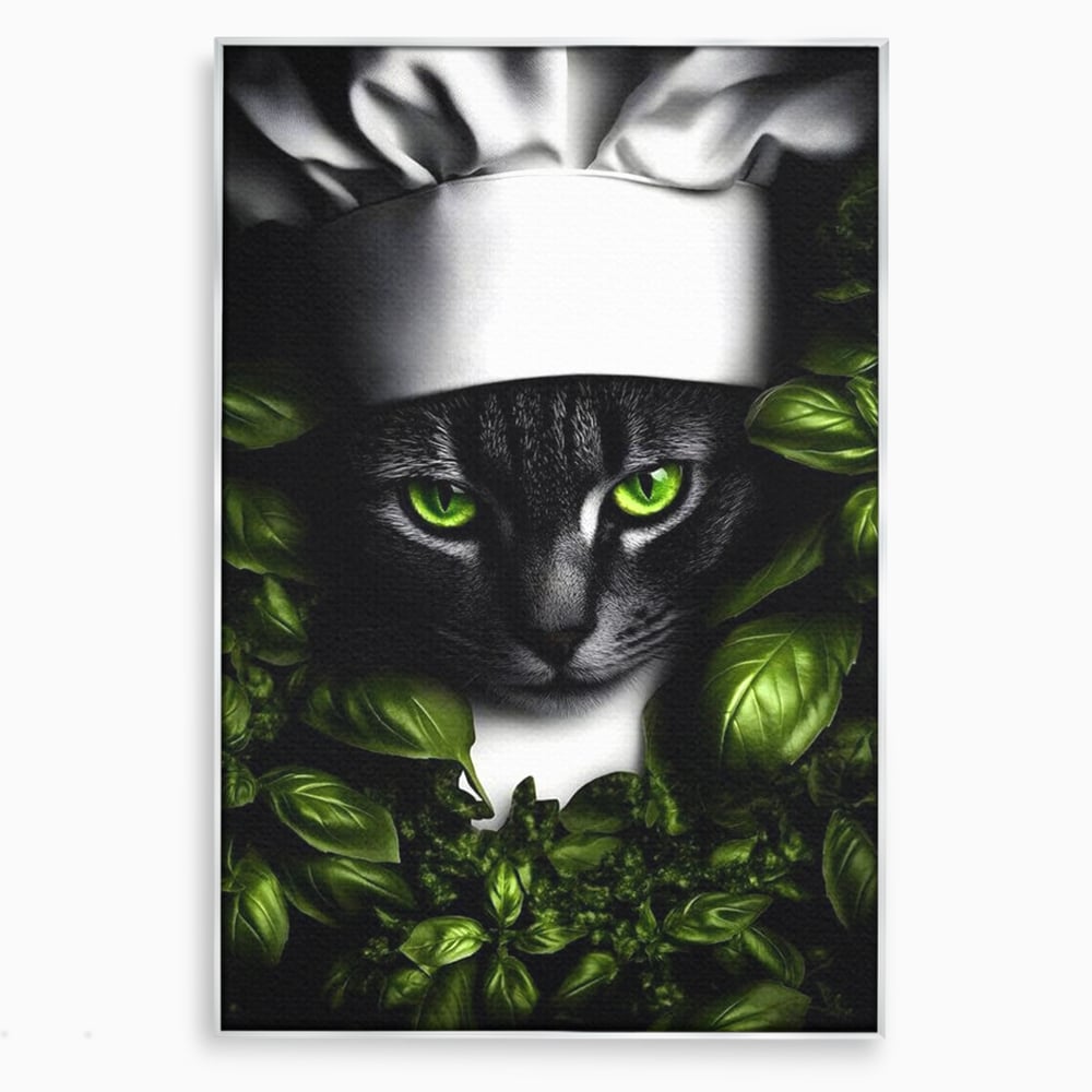 Tablou Canvas Premium, LuxCanva® M1208, Pisica Gourmet, Pisica, Bucatar, Plante, Felina, Frunze, Aroma, Bucatarie, Gastronomie, Restaurant, Vegetal, Birou, Living, Camera Copil