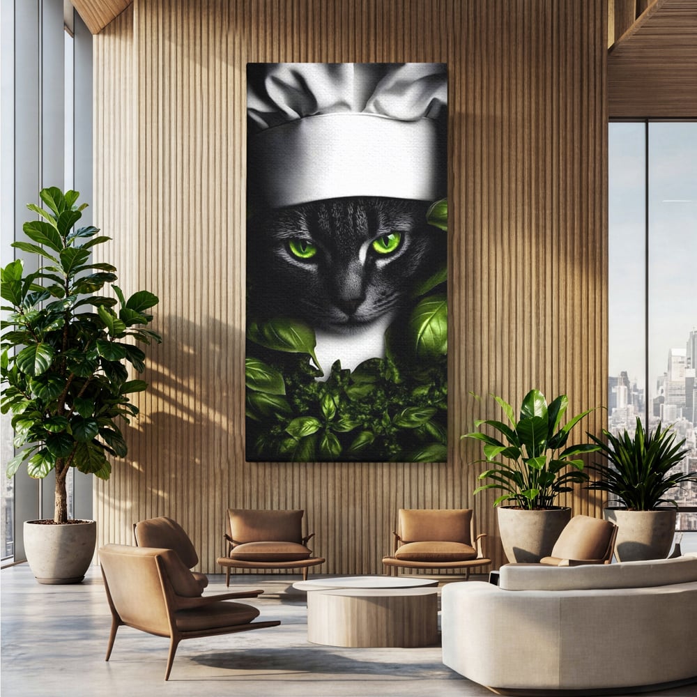 Tablou Canvas Premium, LuxCanva® M1208, Pisica Gourmet, Pisica, Bucatar, Plante, Felina, Frunze, Aroma, Bucatarie, Gastronomie, Restaurant, Vegetal, Birou, Living, Camera Copil