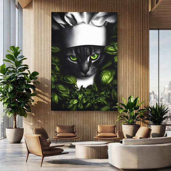 Tablou Canvas Premium, LuxCanva® M1208, Pisica Gourmet, Pisica, Bucatar, Plante, Felina, Frunze, Aroma, Bucatarie, Gastronomie, Restaurant, Vegetal, Birou, Living, Camera Copil