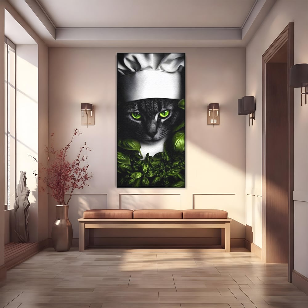 Tablou Canvas Premium, LuxCanva® M1208, Pisica Gourmet, Pisica, Bucatar, Plante, Felina, Frunze, Aroma, Bucatarie, Gastronomie, Restaurant, Vegetal, Birou, Living, Camera Copil