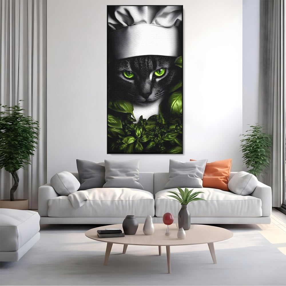 Tablou Canvas Premium, LuxCanva® M1208, Pisica Gourmet, Pisica, Bucatar, Plante, Felina, Frunze, Aroma, Bucatarie, Gastronomie, Restaurant, Vegetal, Birou, Living, Camera Copil