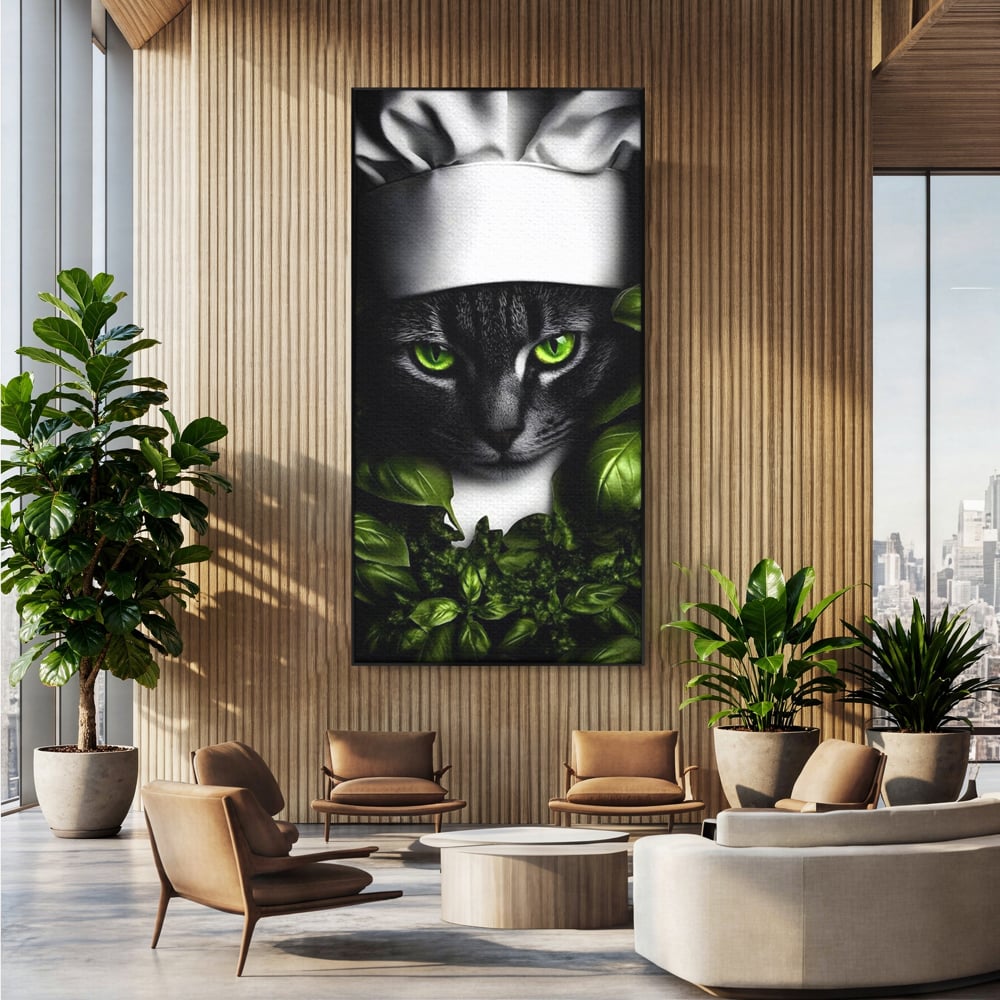 Tablou Canvas Premium, LuxCanva® M1208, Pisica Gourmet, Pisica, Bucatar, Plante, Felina, Frunze, Aroma, Bucatarie, Gastronomie, Restaurant, Vegetal, Birou, Living, Camera Copil