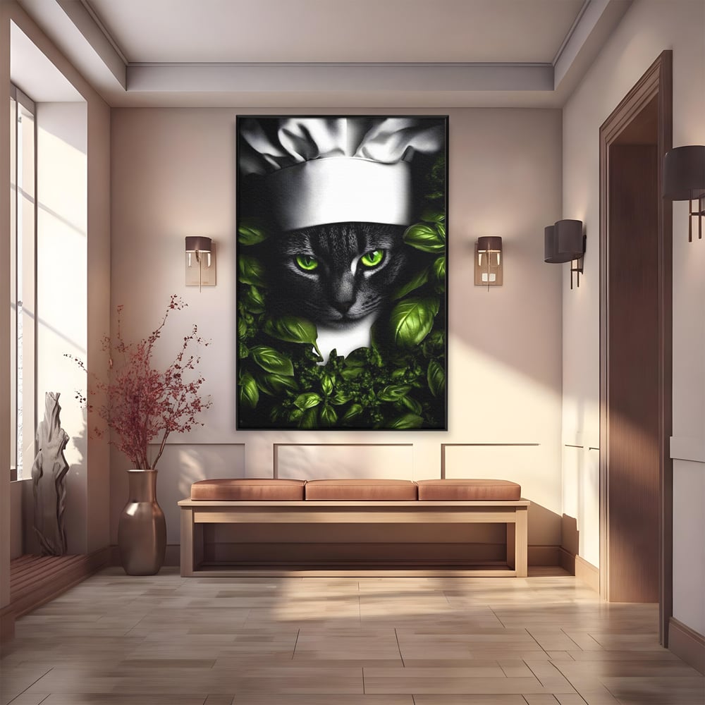 Tablou Canvas Premium, LuxCanva® M1208, Pisica Gourmet, Pisica, Bucatar, Plante, Felina, Frunze, Aroma, Bucatarie, Gastronomie, Restaurant, Vegetal, Birou, Living, Camera Copil