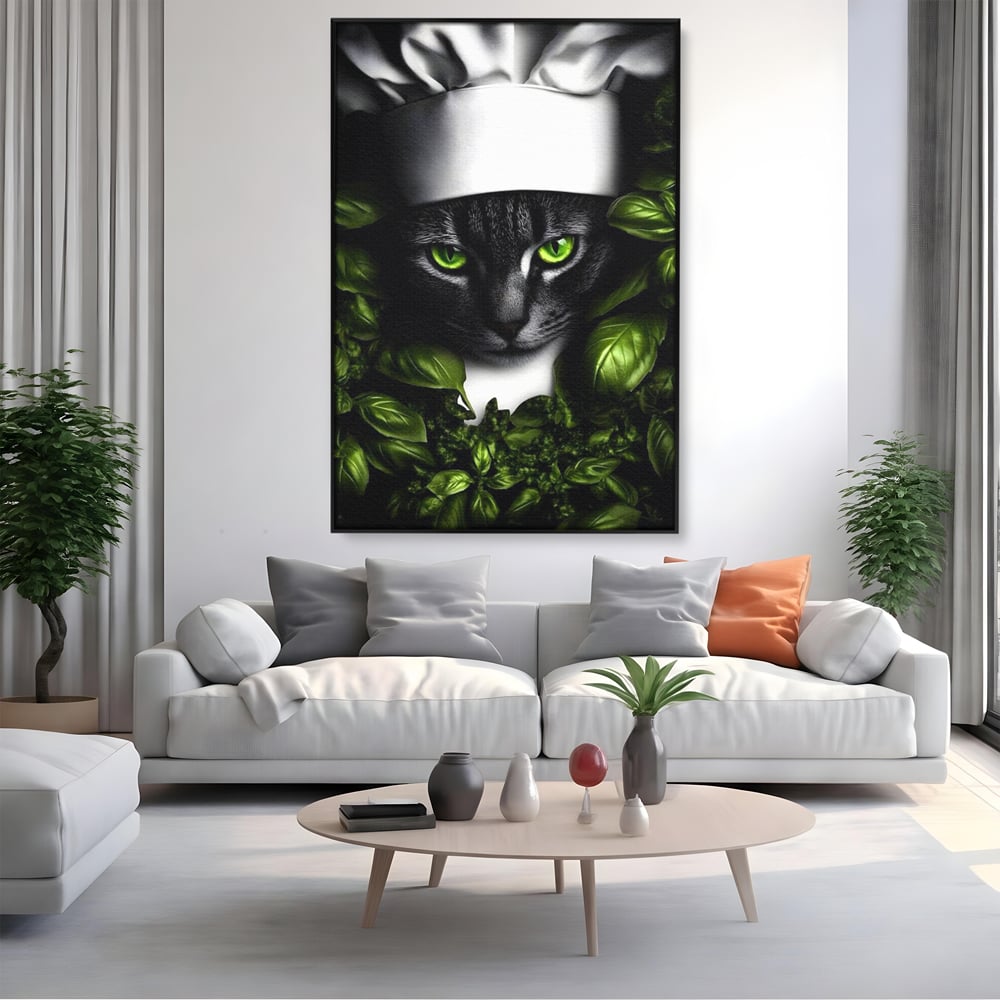 Tablou Canvas Premium, LuxCanva® M1208, Pisica Gourmet, Pisica, Bucatar, Plante, Felina, Frunze, Aroma, Bucatarie, Gastronomie, Restaurant, Vegetal, Birou, Living, Camera Copil