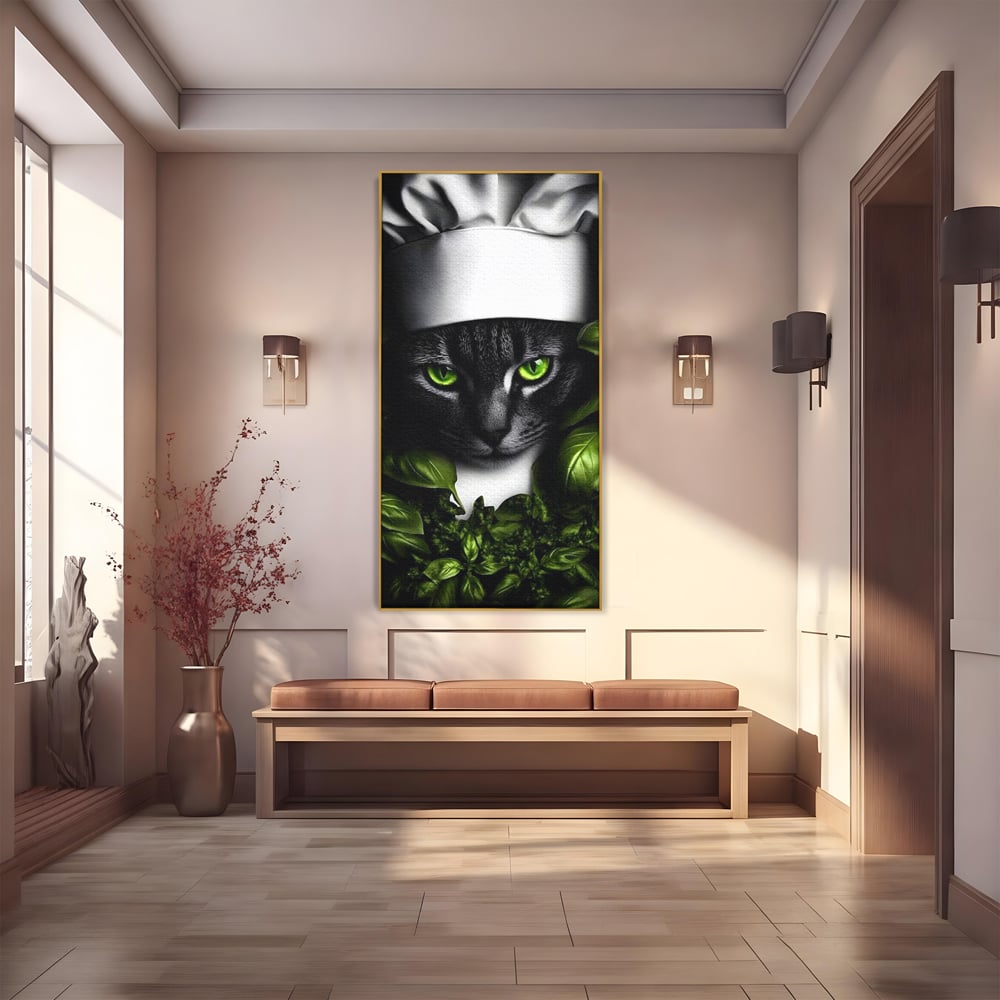 Tablou Canvas Premium, LuxCanva® M1208, Pisica Gourmet, Pisica, Bucatar, Plante, Felina, Frunze, Aroma, Bucatarie, Gastronomie, Restaurant, Vegetal, Birou, Living, Camera Copil