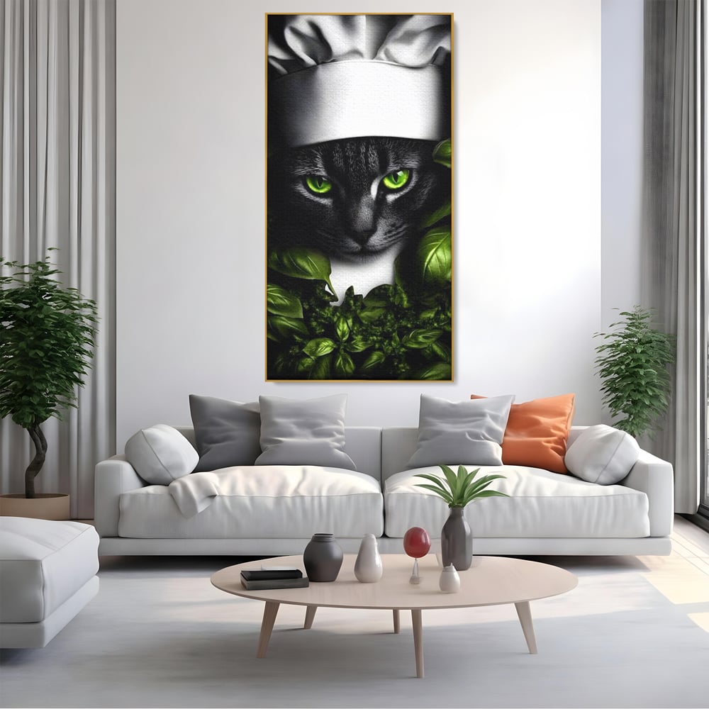 Tablou Canvas Premium, LuxCanva® M1208, Pisica Gourmet, Pisica, Bucatar, Plante, Felina, Frunze, Aroma, Bucatarie, Gastronomie, Restaurant, Vegetal, Birou, Living, Camera Copil