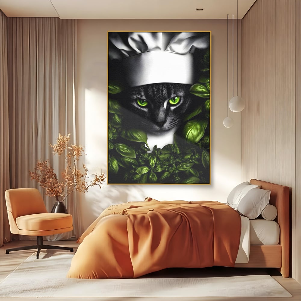 Tablou Canvas Premium, LuxCanva® M1208, Pisica Gourmet, Pisica, Bucatar, Plante, Felina, Frunze, Aroma, Bucatarie, Gastronomie, Restaurant, Vegetal, Birou, Living, Camera Copil